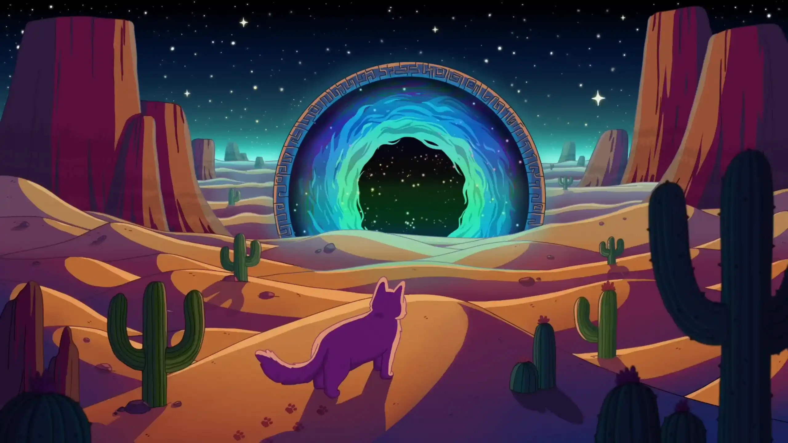 Purple cat stepping into glowing cosmic portal with surreal background, whimsical space live wallpaper