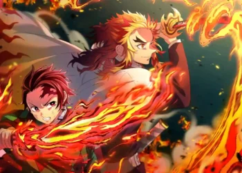 Rengoku and Tanjiro using Flame Breathing with blazing fire effects and glowing swords, Demon Slayer live wallpaper