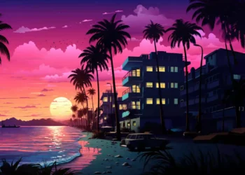 Retro tropical city skyline with neon sunset, palm trees, and glowing streets, synthwave live wallpaper
