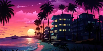 Retro tropical city skyline with neon sunset, palm trees, and glowing streets, synthwave live wallpaper