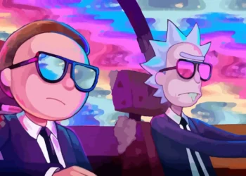 Rick and Morty driving through a psychedelic wormhole with colorful trippy visuals, cosmic chaos, and surreal animated effects – live wallpaper.