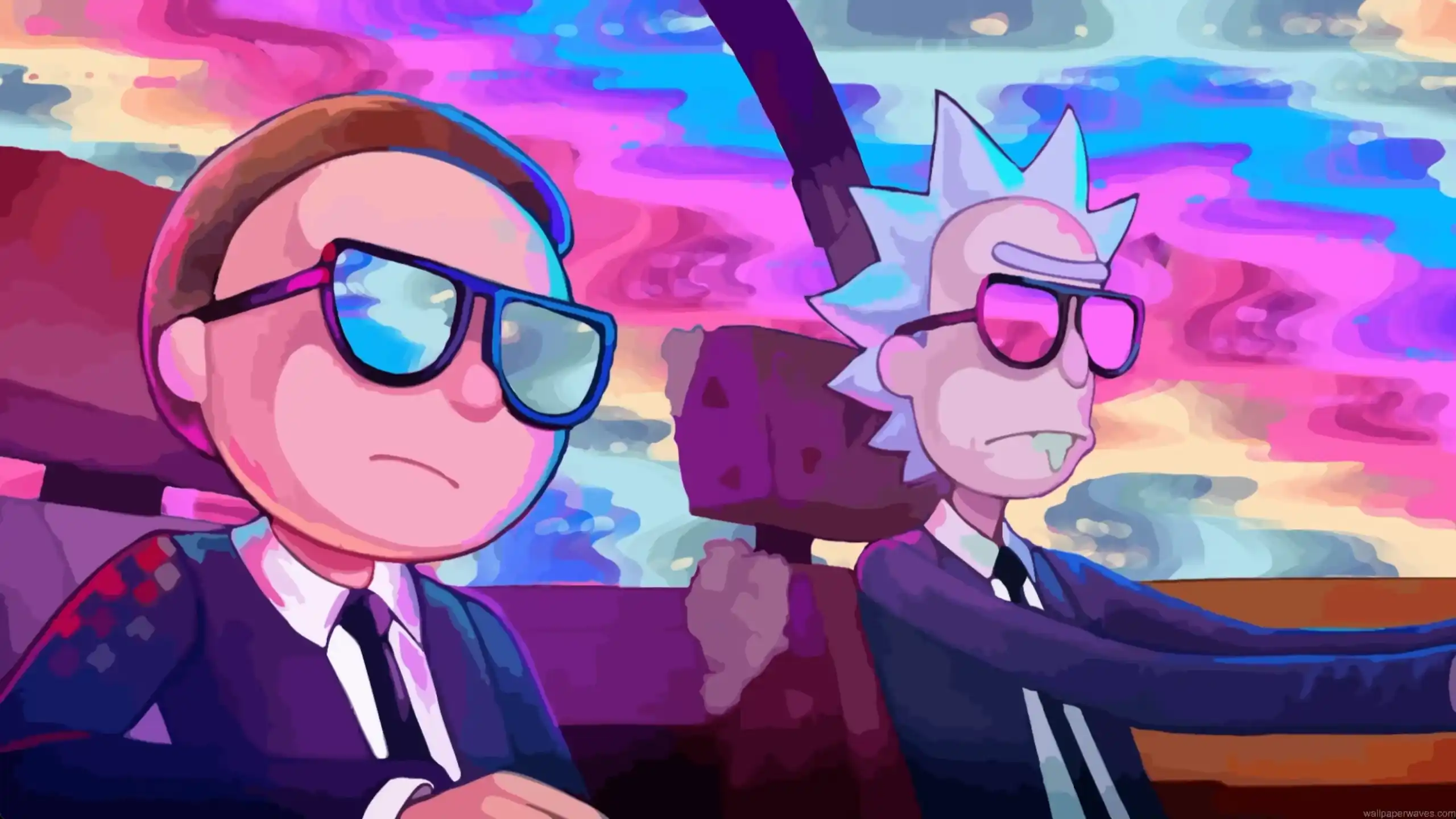 Rick and Morty driving through a psychedelic wormhole with colorful trippy visuals, cosmic chaos, and surreal animated effects – live wallpaper.