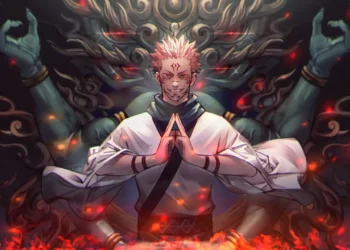 Ryomen Sukuna from Jujutsu Kaisen standing amid glowing cursed energy and ritual symbols, intense purple atmosphere – live wallpaper.