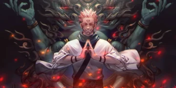 Ryomen Sukuna from Jujutsu Kaisen standing amid glowing cursed energy and ritual symbols, intense purple atmosphere – live wallpaper.