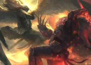 Sanguinius and Horus locked in an intense battle with glowing wings and cosmic storm, Warhammer-themed live wallpaper