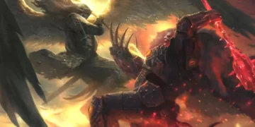 Sanguinius and Horus locked in an intense battle with glowing wings and cosmic storm, Warhammer-themed live wallpaper