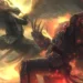 Sanguinius and Horus locked in an intense battle with glowing wings and cosmic storm, Warhammer-themed live wallpaper