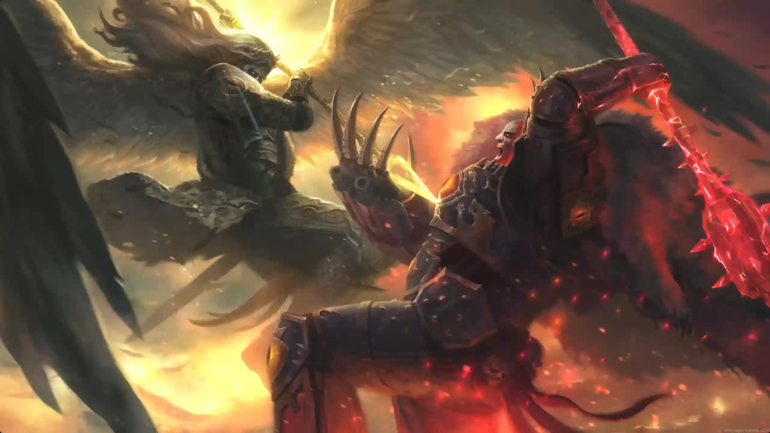 Sanguinius and Horus locked in an intense battle with glowing wings and cosmic storm, Warhammer-themed live wallpaper