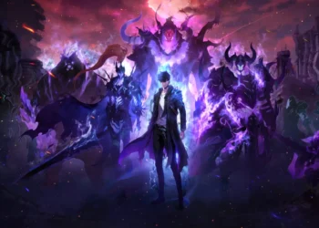 Sung Jin-Woo from Solo Leveling summoning his shadow army with glowing eyes, dark mist, and a powerful stance – wallpaper.