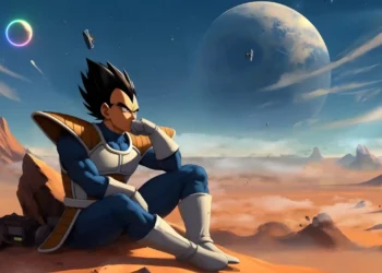 Vegeta standing on a red alien planet with a glowing sky, cape flowing, and intense atmosphere – Dragon Ball Z live wallpaper.