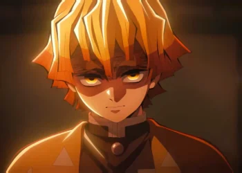 Zenitsu standing in Infinity Castle with lightning aura and glowing sword, Demon Slayer anime live wallpaper