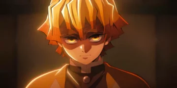 Zenitsu standing in Infinity Castle with lightning aura and glowing sword, Demon Slayer anime live wallpaper