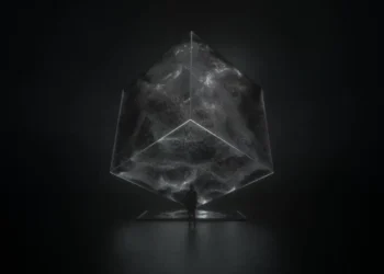 Glowing futuristic cosmic energy cube radiating blue and violet light surrounded by cosmic dust and electricity in an abstract sci-fi live wallpaper