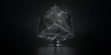 Glowing futuristic cosmic energy cube radiating blue and violet light surrounded by cosmic dust and electricity in an abstract sci-fi live wallpaper