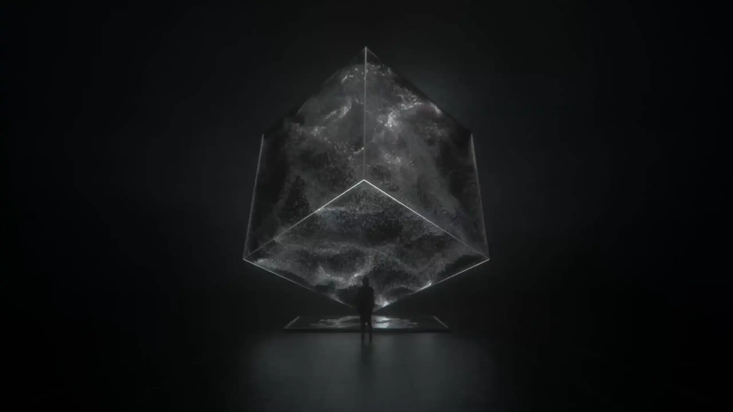 Glowing futuristic cosmic energy cube radiating blue and violet light surrounded by cosmic dust and electricity in an abstract sci-fi live wallpaper