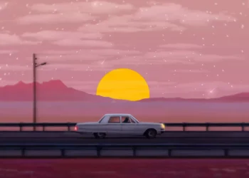 Retro car driving on endless highway into glowing neon sunset with pink, orange, and purple sky in an aesthetic live wallpaper