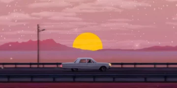 Retro car driving on endless highway into glowing neon sunset with pink, orange, and purple sky in an aesthetic live wallpaper