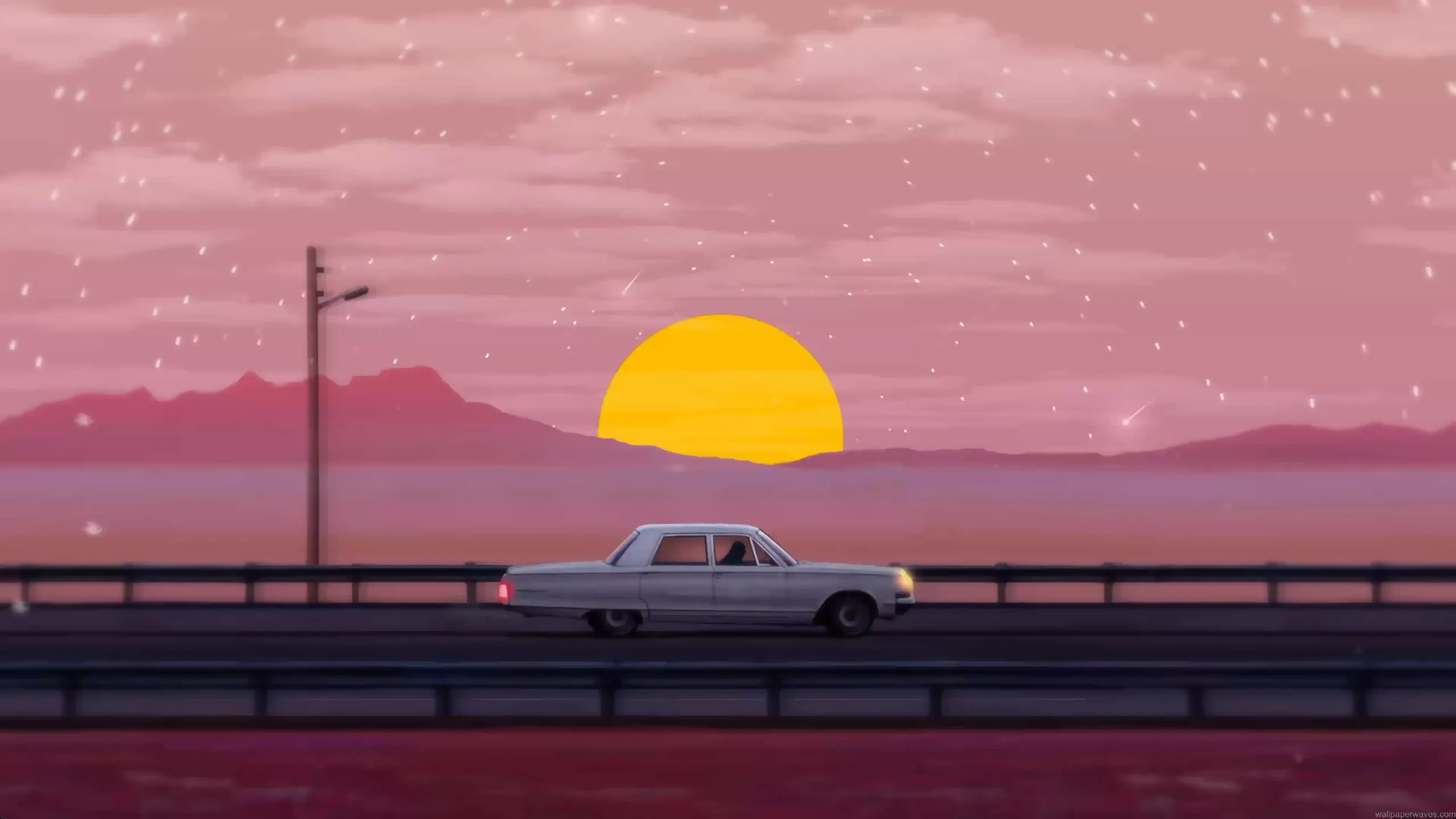 Retro car driving on endless highway into glowing neon sunset with pink, orange, and purple sky in an aesthetic live wallpaper