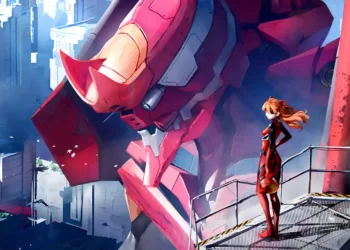 Asuka Langley in red plugsuit standing confidently with Evangelion Unit-02 glowing behind her in a Neon Genesis Evangelion mecha live wallpaper