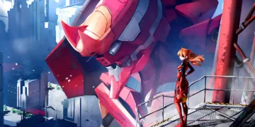 Asuka Langley in red plugsuit standing confidently with Evangelion Unit-02 glowing behind her in a Neon Genesis Evangelion mecha live wallpaper