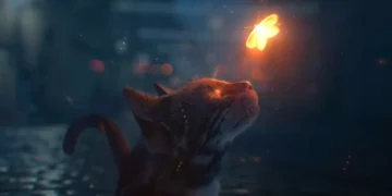 Curious cat staring at a glowing butterfly in a softly lit night scene with sparkles floating in the background in a live wallpaper