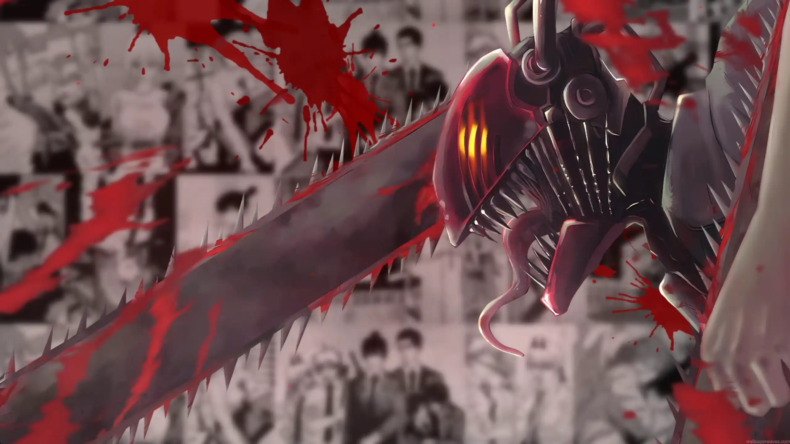 Denji transforming into Chainsaw Man with glowing chainsaw blades and sparks flying in a dark intense anime live wallpaper