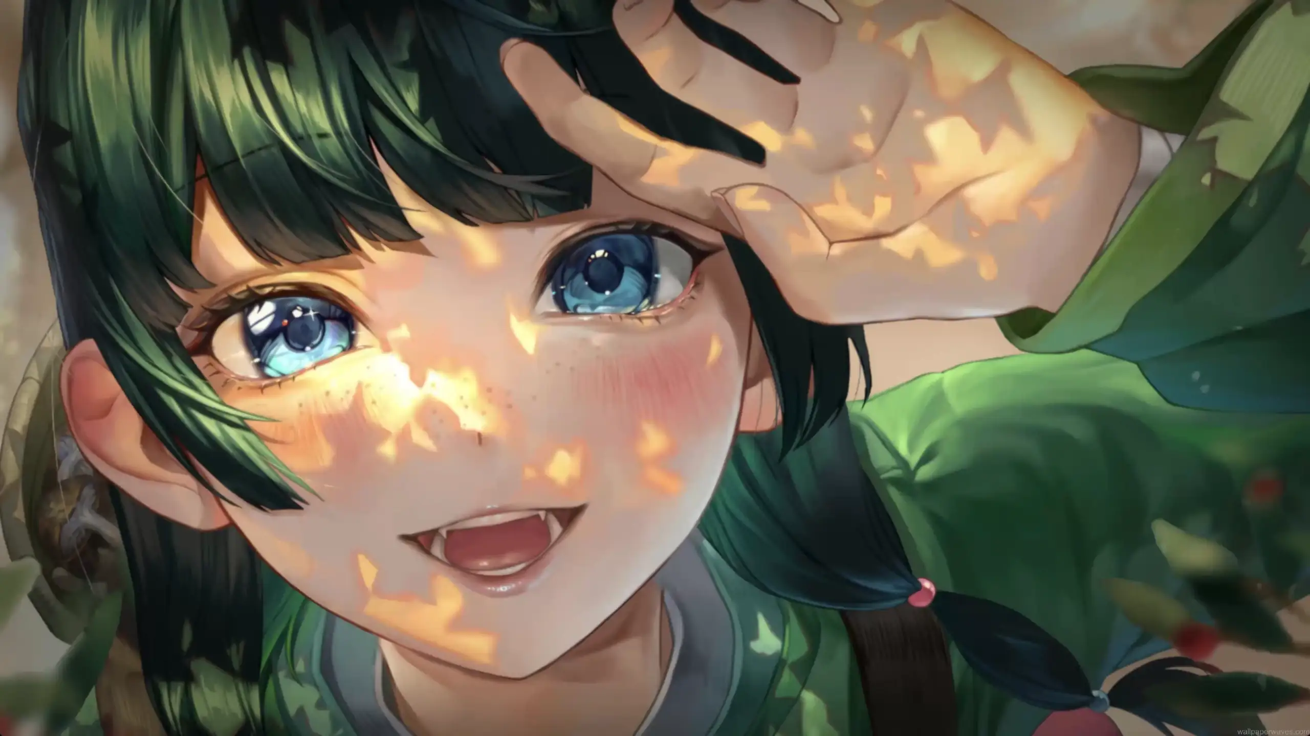 Smiling cute anime girl with soft sunlight and pastel background creating a wholesome uplifting scene in a live wallpaper