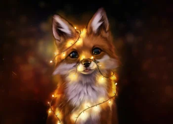 Cute fox curled beneath glowing fairy lights in a magical forest with soft ambient lighting live wallpaper