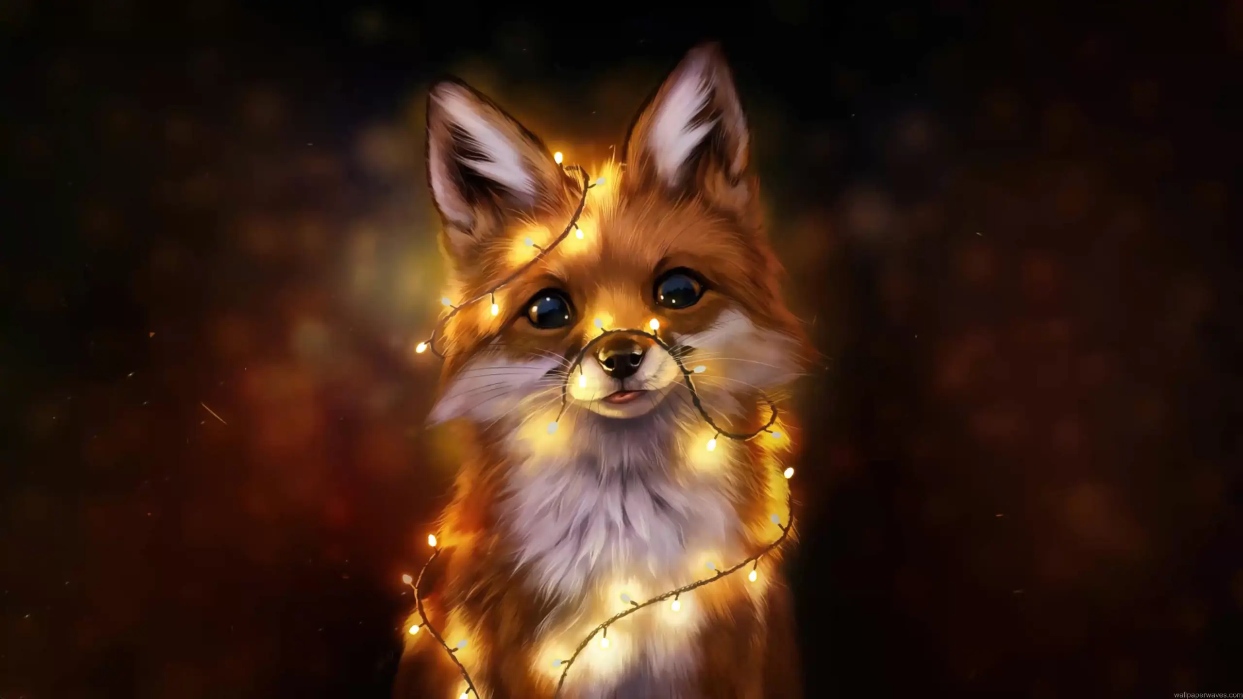 Cute fox curled beneath glowing fairy lights in a magical forest with soft ambient lighting live wallpaper
