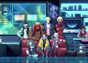 Cyberpunk Edgerunners characters reimagined in glowing pixel art with neon city skyline in retro 8-bit style live wallpaper