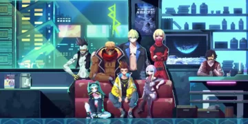 Cyberpunk Edgerunners characters reimagined in glowing pixel art with neon city skyline in retro 8-bit style live wallpaper