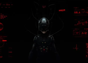 Futuristic android glowing with neon blue and green lights surrounded by digital code streams in a cyberpunk city live wallpaper