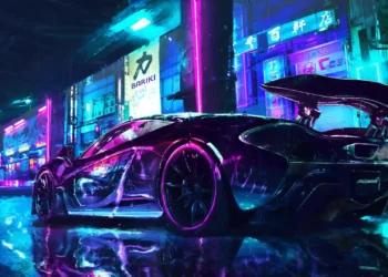 Futuristic McLaren racing through neon-lit cyberpunk city streets with glowing skyscrapers and rain reflections in a live wallpaper