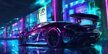 Futuristic McLaren racing through neon-lit cyberpunk city streets with glowing skyscrapers and rain reflections in a live wallpaper