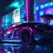 Futuristic McLaren racing through neon-lit cyberpunk city streets with glowing skyscrapers and rain reflections in a live wallpaper