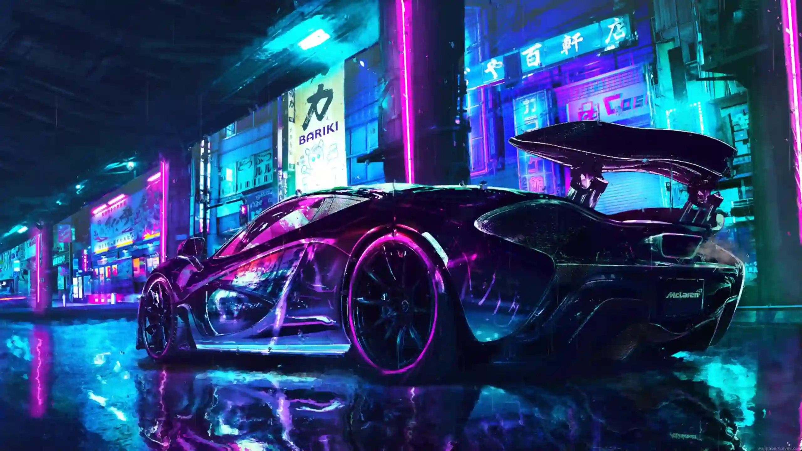 Futuristic McLaren racing through neon-lit cyberpunk city streets with glowing skyscrapers and rain reflections in a live wallpaper