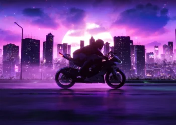 Futuristic motorcycle speeding through neon-lit cyberpunk city streets with rain reflections and towering holographic skyscrapers in a live wallpaper