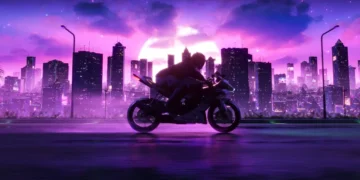 Futuristic motorcycle speeding through neon-lit cyberpunk city streets with rain reflections and towering holographic skyscrapers in a live wallpaper
