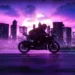 Futuristic motorcycle speeding through neon-lit cyberpunk city streets with rain reflections and towering holographic skyscrapers in a live wallpaper