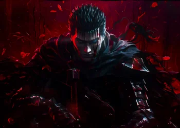 Guts clad in menacing black Berserker Armor wielding his massive Dragonslayer sword under a blood-red stormy sky in an intense dark fantasy scene live wallpaper