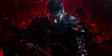Guts clad in menacing black Berserker Armor wielding his massive Dragonslayer sword under a blood-red stormy sky in an intense dark fantasy scene live wallpaper