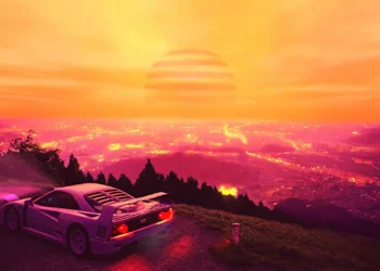 Ferrari F40 sports car glowing under neon sunset with futuristic city skyline in the background in a cinematic live wallpaper