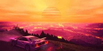 Ferrari F40 sports car glowing under neon sunset with futuristic city skyline in the background in a cinematic live wallpaper
