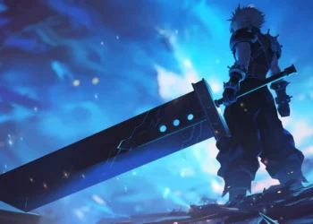 Cloud Strife holding his massive Buster Sword under stormy skies with neon city lights glowing in the background in a Final Fantasy live wallpaper