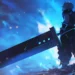 Cloud Strife holding his massive Buster Sword under stormy skies with neon city lights glowing in the background in a Final Fantasy live wallpaper