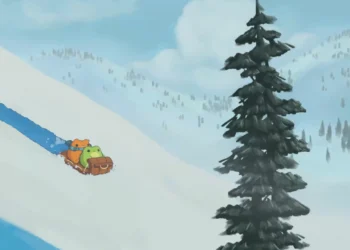 Cartoon frog and cat joyfully sliding down a snowy hill surrounded by falling snowflakes live wallpaper