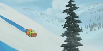 Cartoon frog and cat joyfully sliding down a snowy hill surrounded by falling snowflakes live wallpaper