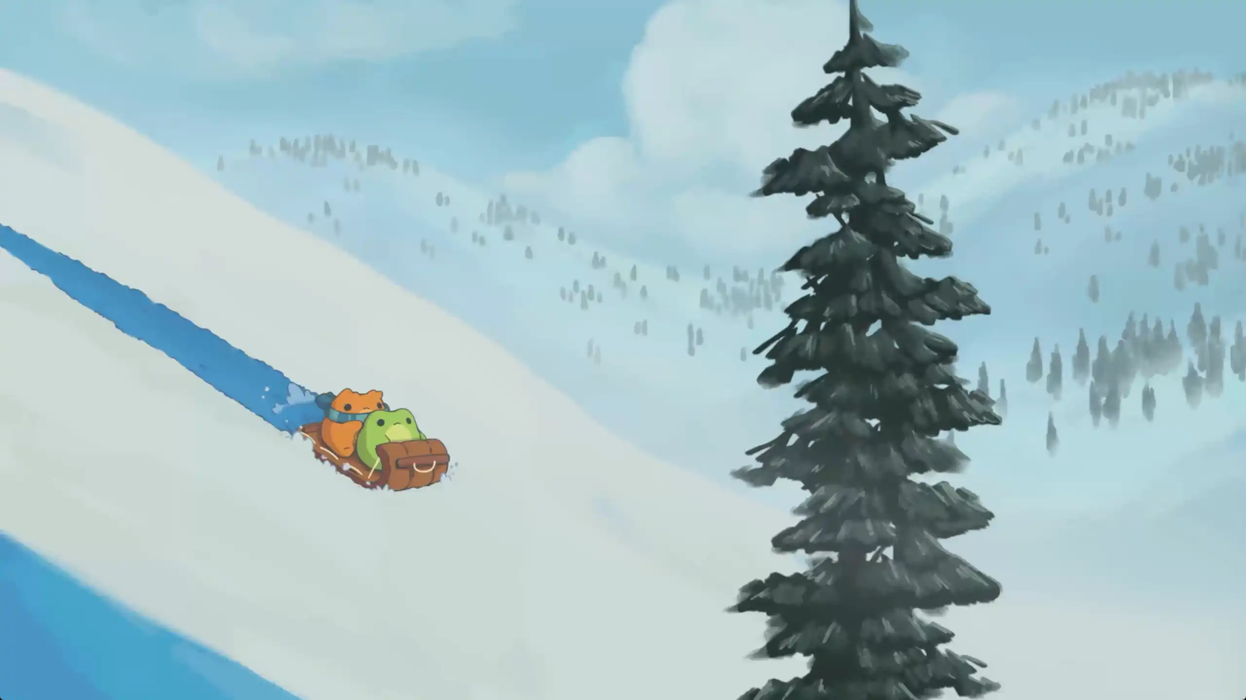 Cartoon frog and cat joyfully sliding down a snowy hill surrounded by falling snowflakes live wallpaper