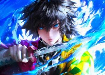 Giyu Tomioka using Water Breathing technique surrounded by glowing blue water arcs with sword in hand in a Demon Slayer live wallpaper