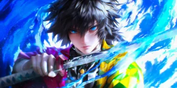 Giyu Tomioka using Water Breathing technique surrounded by glowing blue water arcs with sword in hand in a Demon Slayer live wallpaper